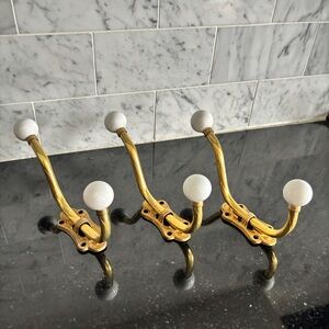 Vintage Set of 3 Brass Coat Hooks with Porcelain Knobs